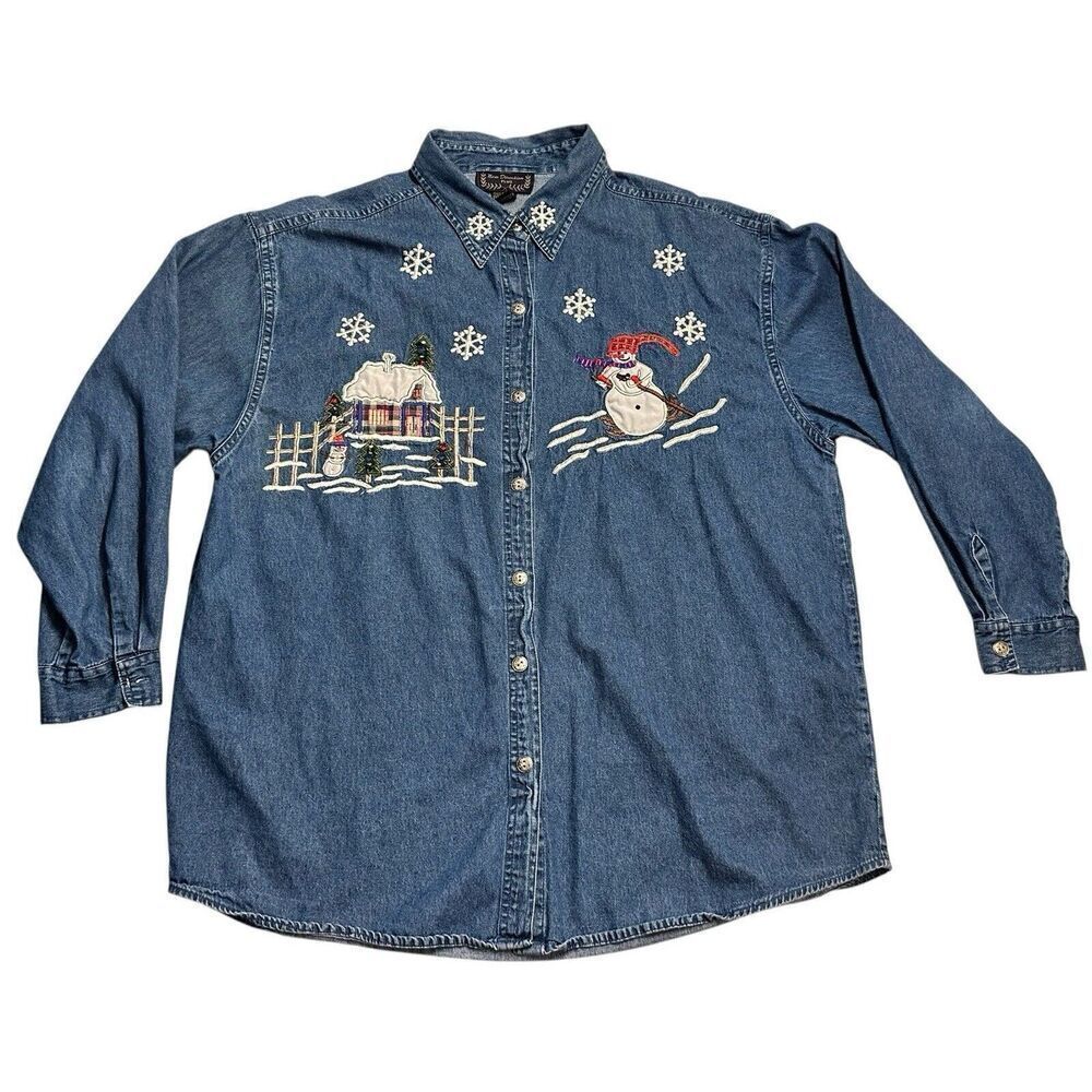 Vintage Ugly Christmas Denim Women’s Shirt Plus Santa Snow Fun Size 1X Fast Ship